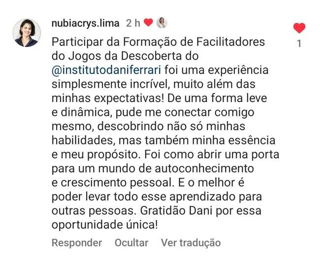 Depoimento de participante da Formação de Facilitadores no Instagram